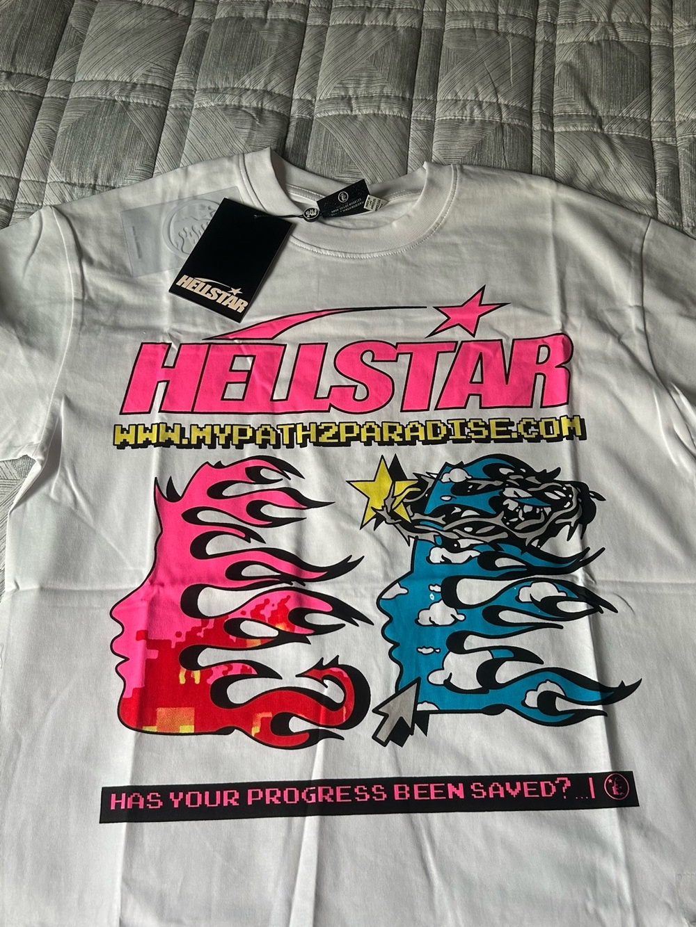 Hellstar White Graphic Tee with Pink & Blue Flame Design